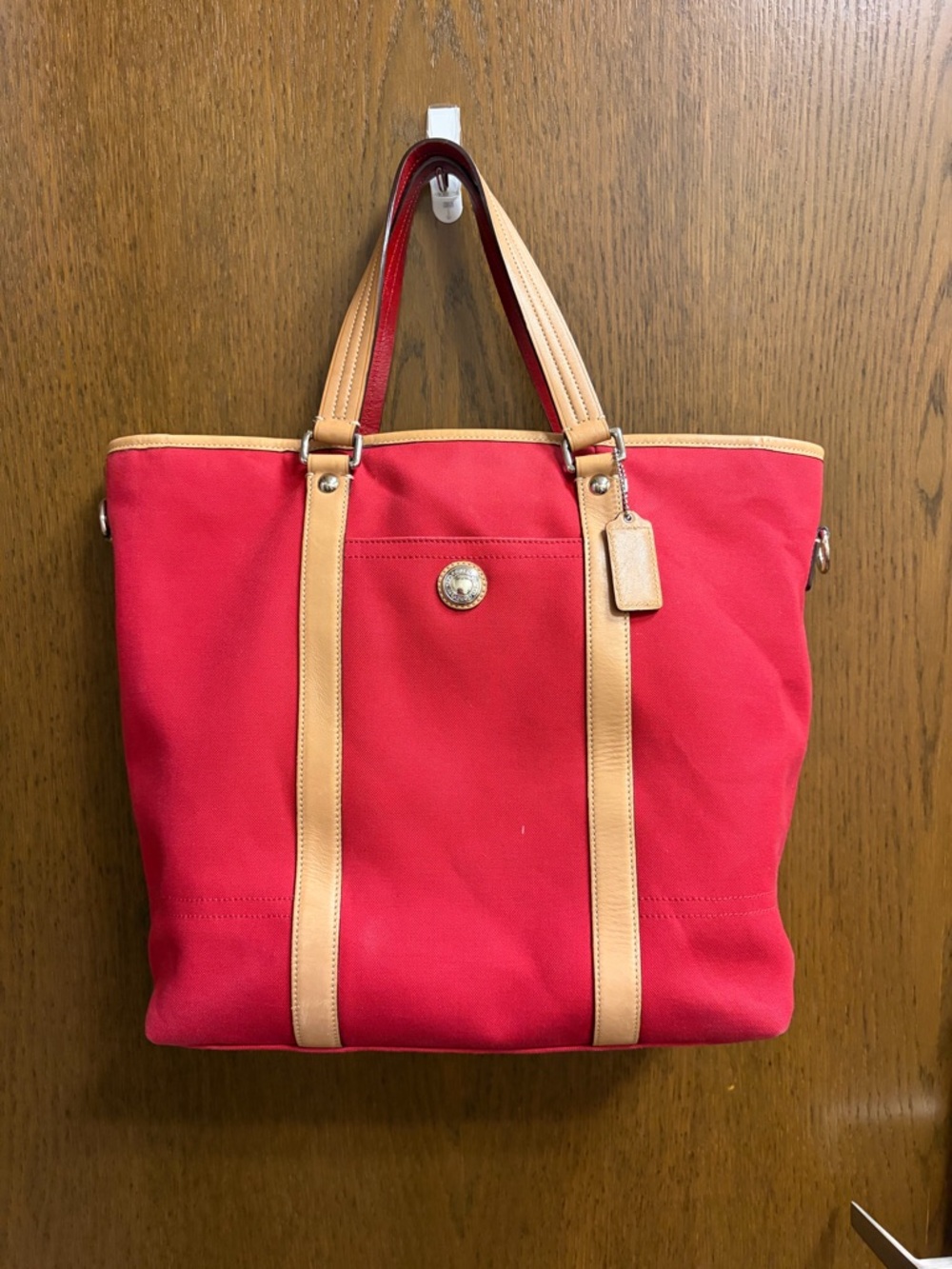 Dooney & Bourke Red Canvas Tote with Tan Leather Trim